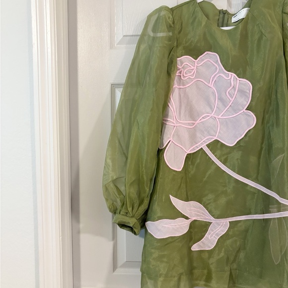 ASOS Edition Applique Floral Volume Sleeve A-Line Mini Dress Olive Pink Sz 6 NWT - Picture 7 of 12